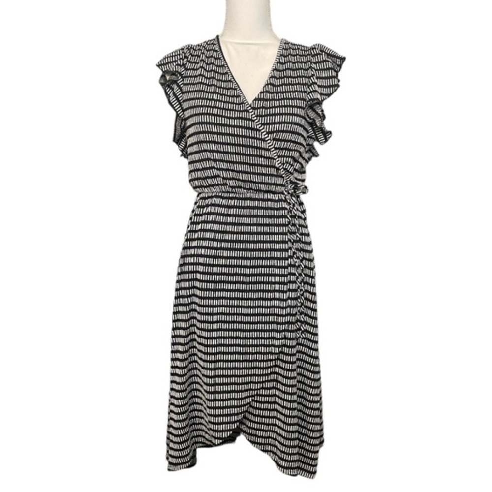 NWOT Black White Dash Print Mini Faux Wrap Dress Stretchy V-Neck Surplice New